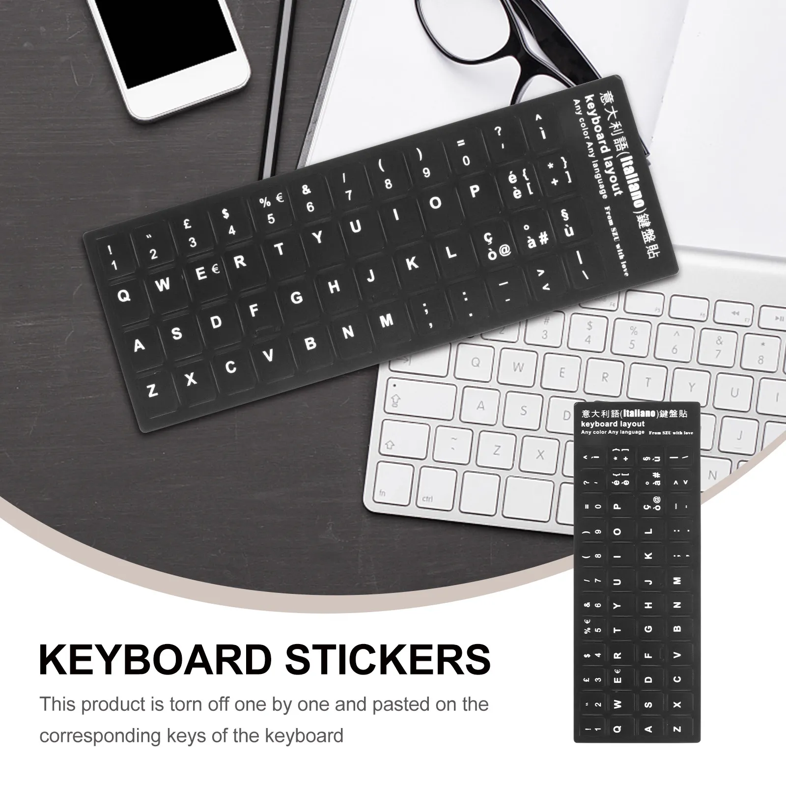 10Pcs Italian Language Keyboard Stickers Black Background White Letters Multi-Language Keyboard Skin Laptop Replacement Computer