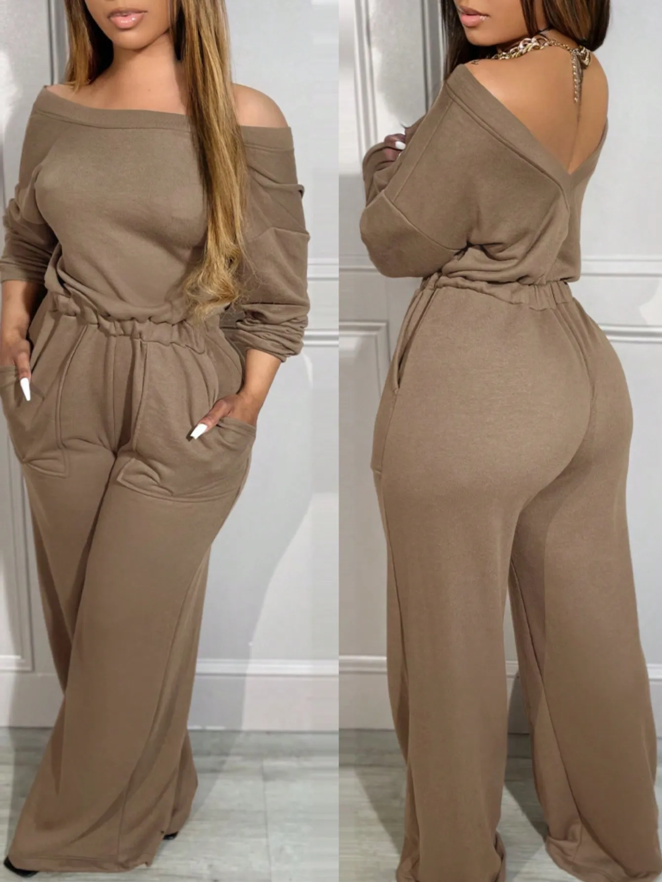 

BWQ Комбинезон с открытыми плечами и V-образным вырезом на талии и карманами