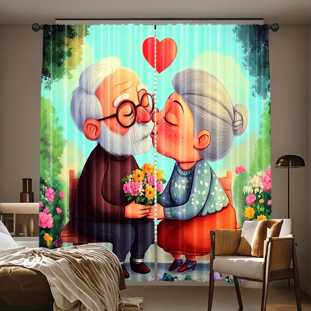 Boho Floral Couple Love Curtains Polyester Drapes for Living Room Bedroom Romantic Whimsical Art Window Coverings