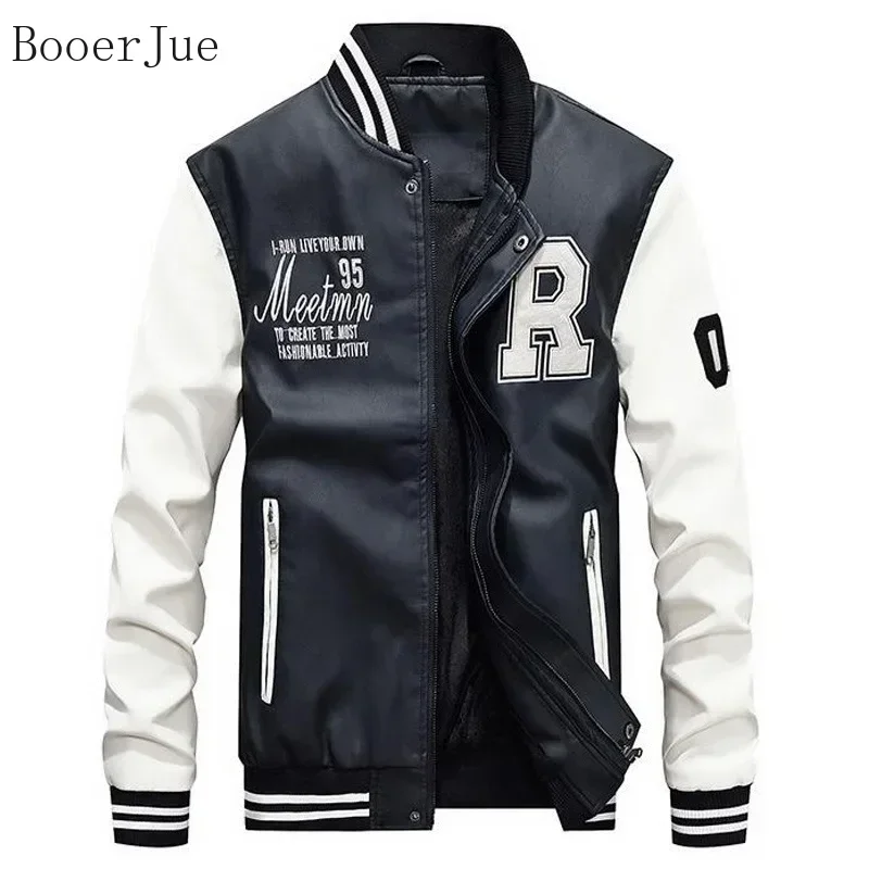 Baseball Jackets Men Outdoor Hiking Sports Running Camping Slim Fit Stand Collar Leather PU Coat Mens Zipper Bomber Jacke Men
