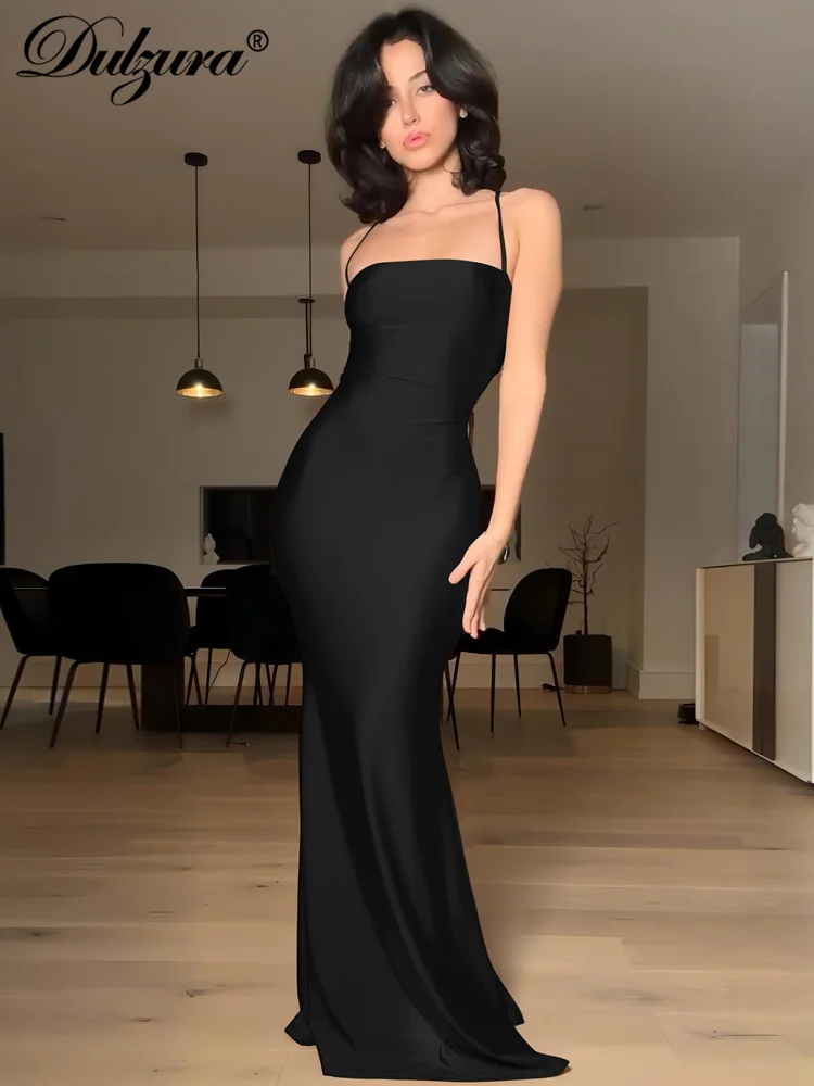 Dulzura Sleeveless Backless Lace Up Cami Maxi Dress Sexy Elegant Bodycon Outfit For Prom Evening Party Club Autumn Winter