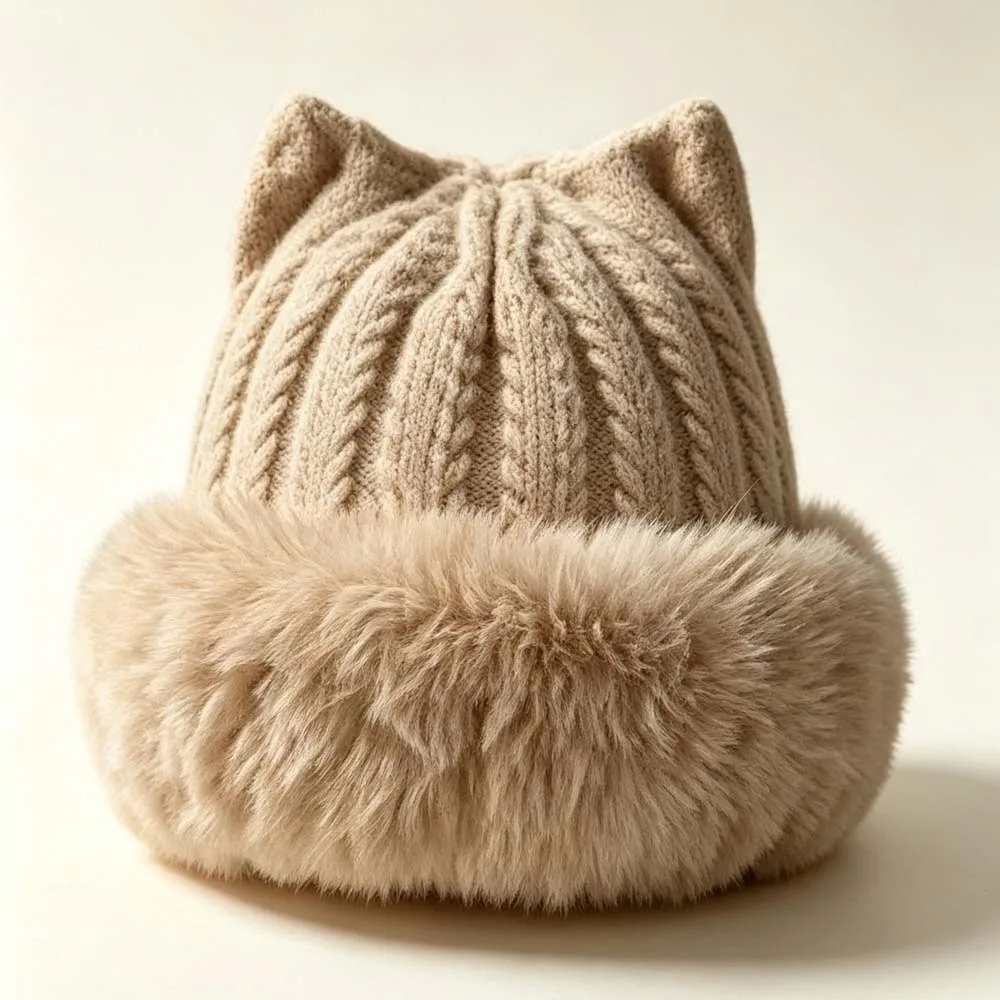 Cute Style Plush Cat Ears Cap Soft Texture Ribbed Knit Winter Bucket Hat Thickened Design Windproof Faux Fur Beanie