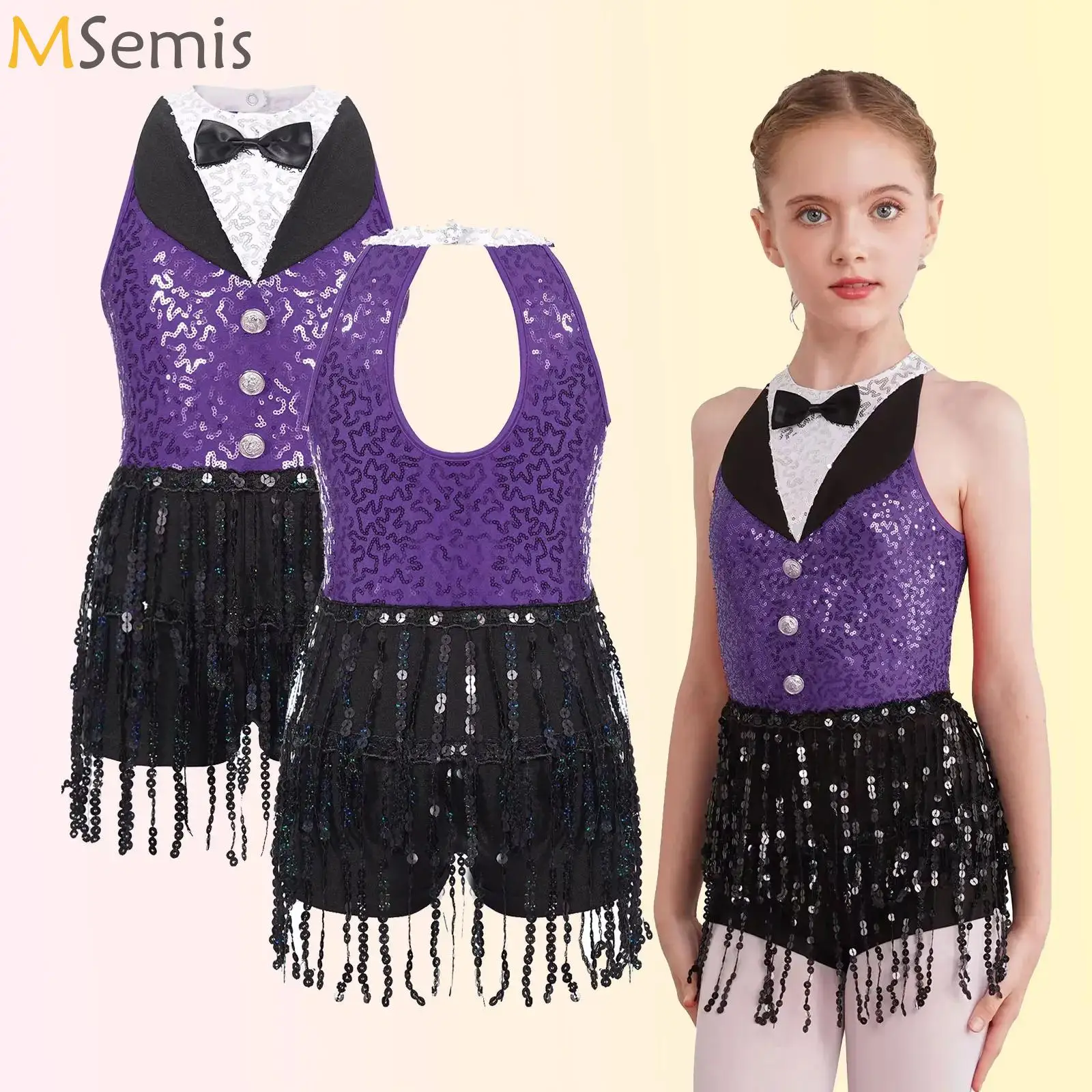 

Girls Sequin Modern Hip Hop Jazz Dance Performance Costume Children Sleeveless Boyshorts Dress Sequin Tassel Latin Dance Dress