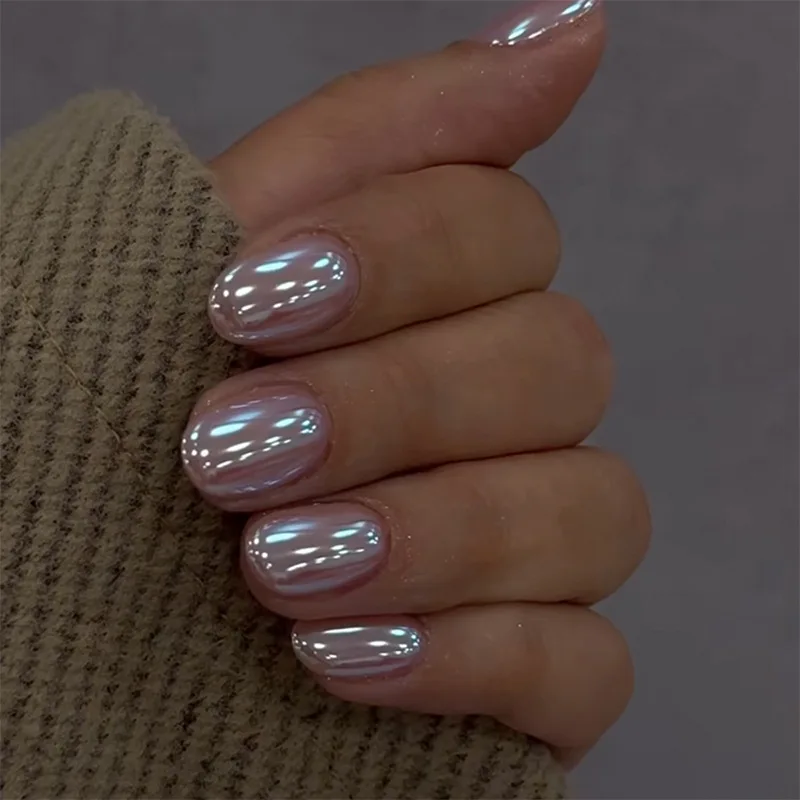 

24pcs Wearable False Nails Aurora Short Oval Full Cover Nail Tips Simple Fashion Fake Nail with Jelly Glue Press on Nails Sets