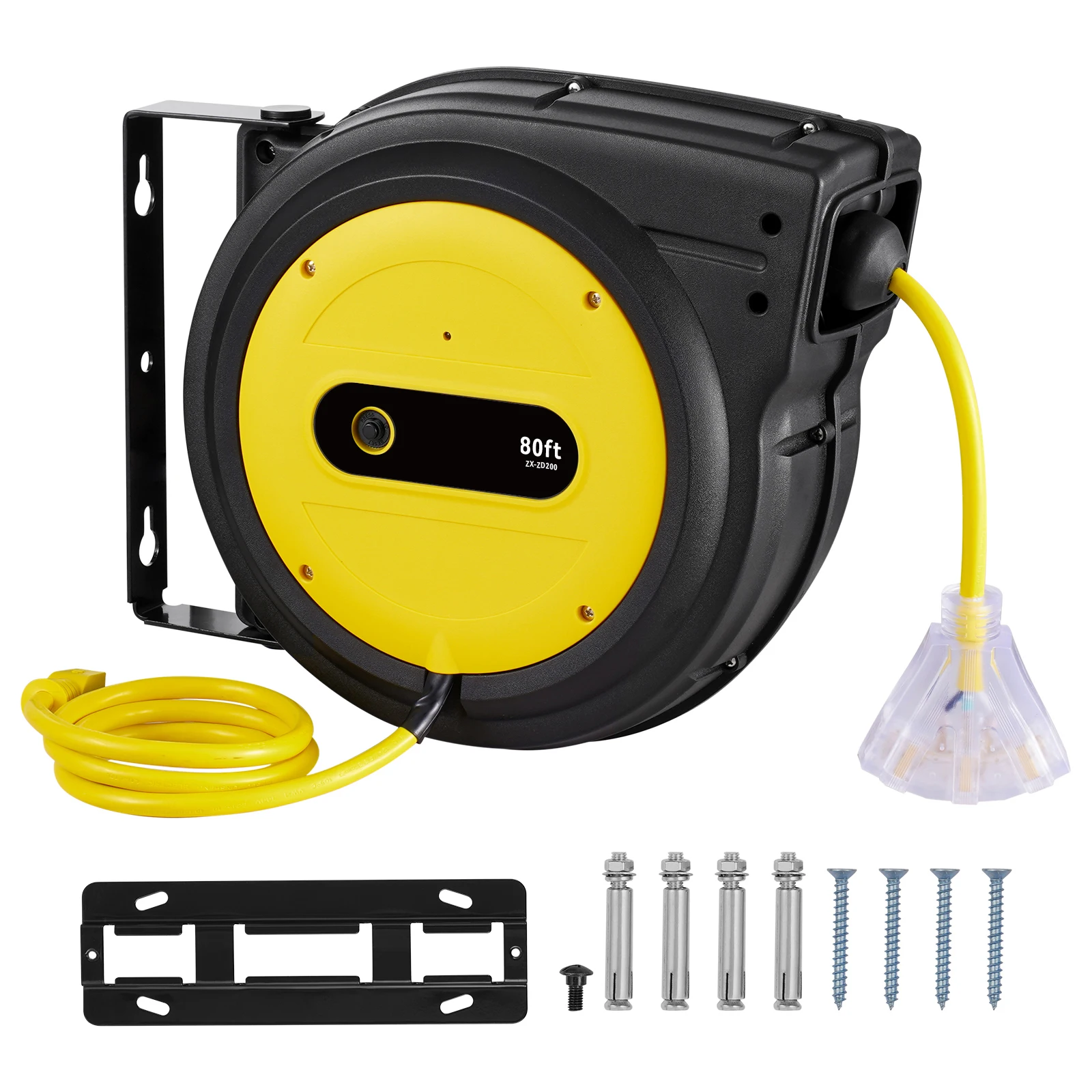Retractable Extension Cord Reel, 80 FT, Heavy-Duty 12AWG/3C SJTOW Retractable Power Cord with Lighted Triple Tap Outlet, 15 Amp Circuit Breaker 180 °   Swivel Bracket for Ceiling or Wall Mount