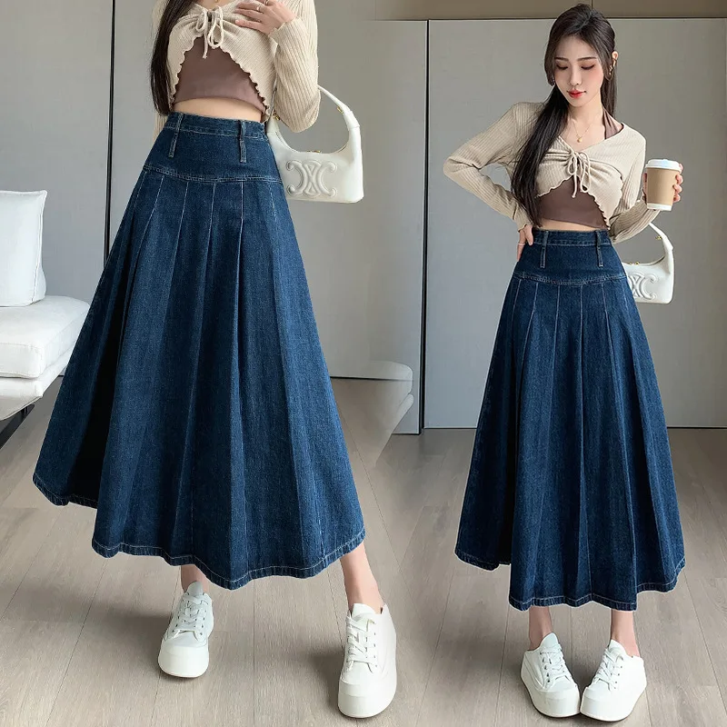 Chic Pleated Jeans Skirts Autumn Vintage High Waist Long Washing Ladies Straight Women Loose Denim Midi Skirts