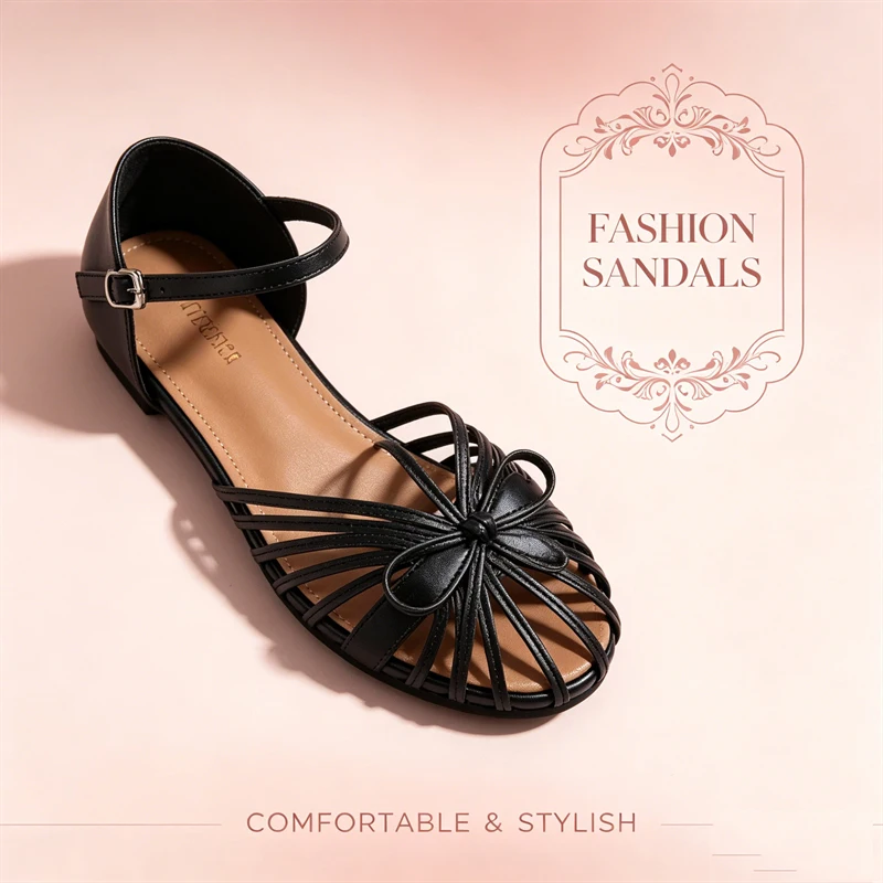 

Womens Flat Sandals with Bow Detail Adjustable Ankle Strap Open Toe Summer Roman Shoes Breathable Hollow Out Design Comfortable
