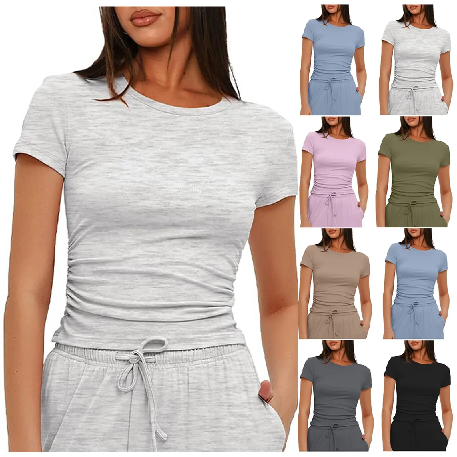 ملابس علوية نسائية قصيرة الأكمام بكشكشة ، بدلة رياضية كاجوال يومية ، تي شيرت مطابق بقصة ضيقة ، أحادي اللون ، مطابق ، صيفي ، كلاسيكي