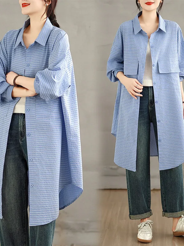 

High-End Japanese Sle Women's Long Open Cardigan Spring Design Striped irt for ort People Comfortable Loose Fit Casual ...