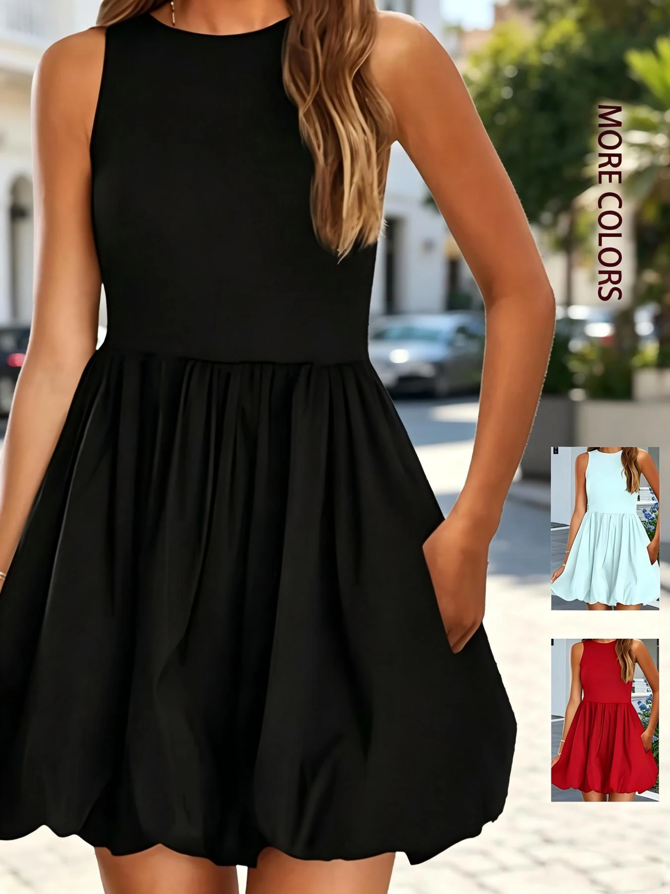 Elegant Ladies Crew Neck Sleeveless Short Dress High Waist Gathered Bubble Skirt With Pockets Slim Fit Solid Casual Summer Holid