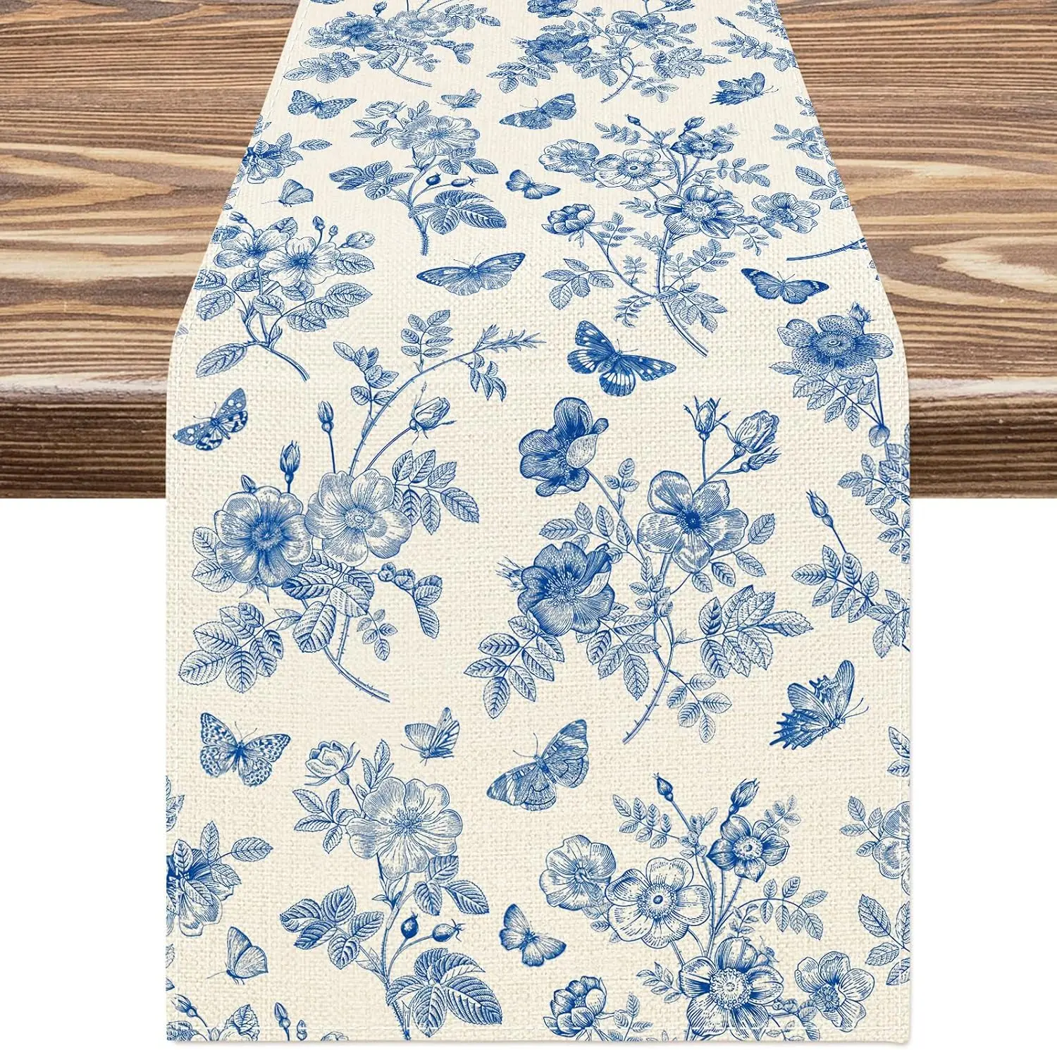 Blue Flower Butterfly Linen Table Runner Holiday Party Decor Reusable Farmhouse Kitchen Dining Table Runner Wedding Decorations