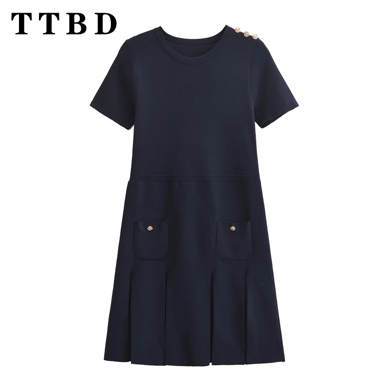 TTBD 2024 new Casual Ladylik Pleated Miniskirt Short Sleeve O-Neck Women's Summer Wear Solid Dress Top Dresses