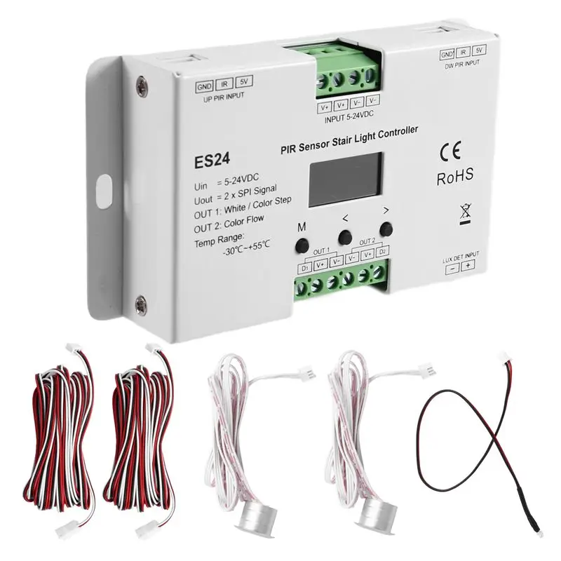 

LXYB18B ES24 24CH 5-24VDC PIR Motion Sensor Stair Light Controller 24 Steps RGB Pixel SPI Single Color Led Stairway Light Contro
