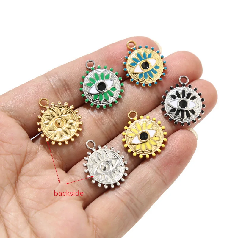 5pcs Stainless Steel Enamel Sun Charm Gold Turkey Eye Pendants for Jewelry Making DIY Crafts Wholesale