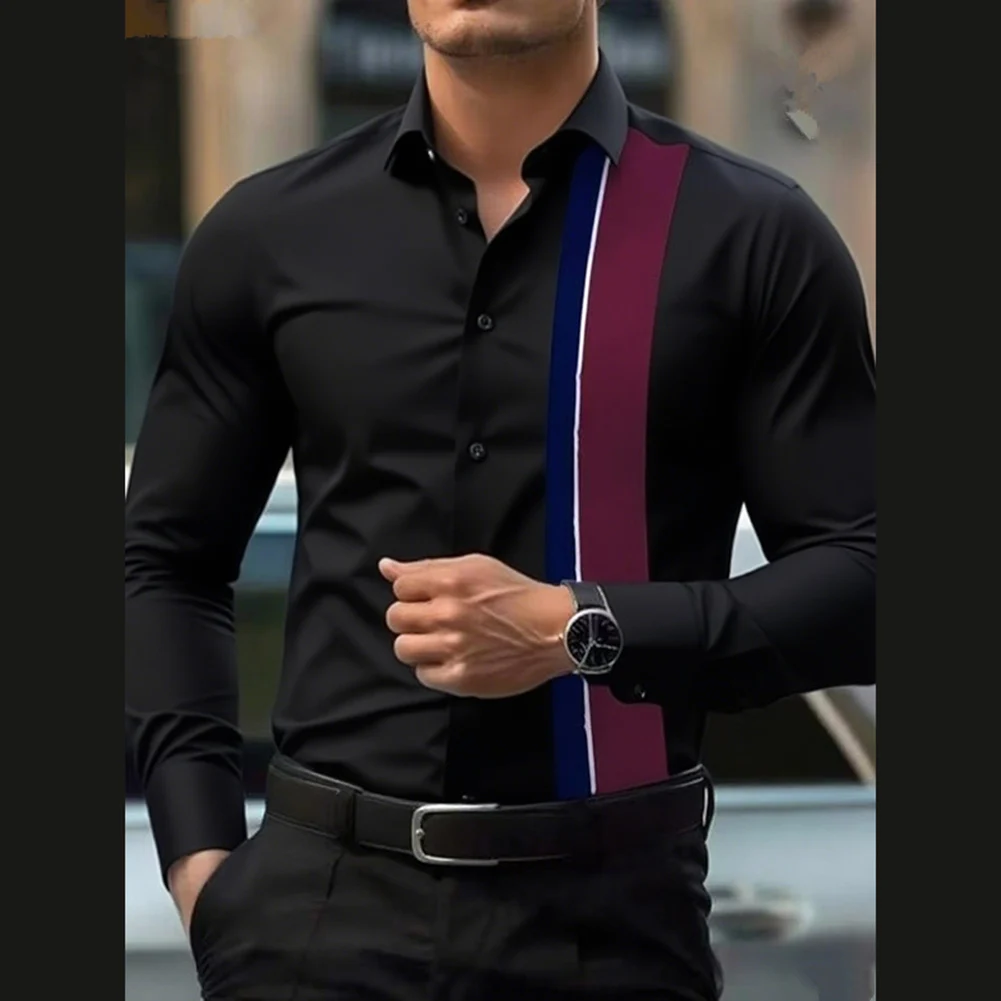 2025 Mens Splicing Striped Lapel Button Up Long Sleeve Smart Casual Comfortable Business Dress Office Single-breasted Shirt