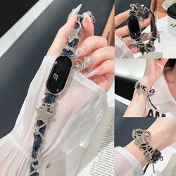 Punk Denim Canvas Strap for Xiaomi Mi Band 9 8 7 Slim Cowboy Bracelet for Mi 6 5 4 Correa Metal Star Link Wristband Accessories