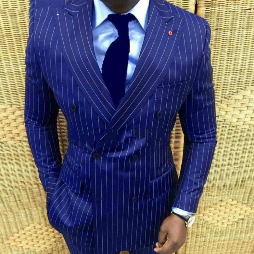 

Stylish Design Groom Tuxedos Double Breasted Blue Stripe Peak Lapel Groomsmen Best Man Suit Mens Wedding Suits Jacket+Pants+Tie