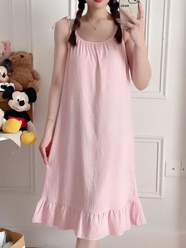Pure Color Summer Thin Strap Sleep Dress Cloud Cotton Tie Sweet Lace Home Clothes Medium Length Women's Nightgown Nightdress