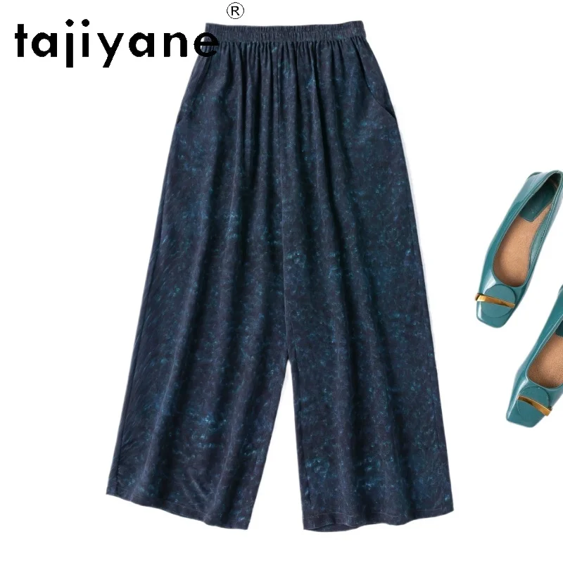 

TAJIYANE 100% Mulberry Silk Straight Pants for Woman Dark Blue Ink Wash Summer Capris Casual Baggy Pants Woman Clothes 2026 바지