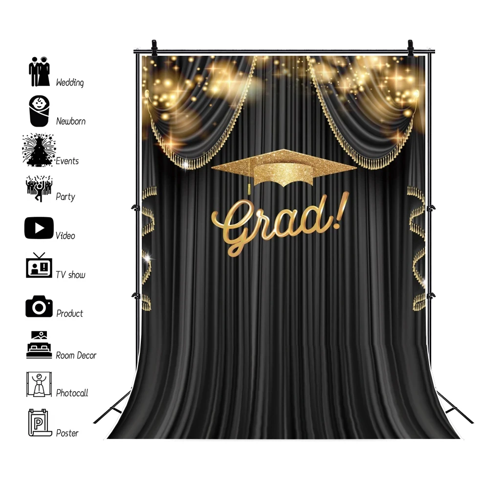 2024 Graduation Backdrop Black Gold Glitter Graduation Cap Photography Background Congrats Grad Party Banner Decor