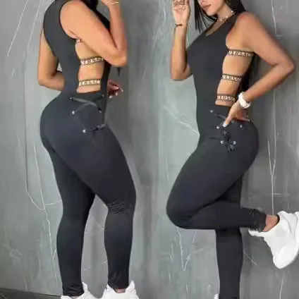 Women's Solid Color Hollow Sleeveless V-neck Waist Slimming and Sexy Punk Slimming Jumpsuit 2024 Summer