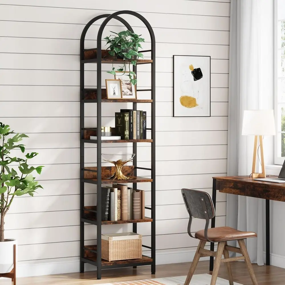 

6-Tier Tall Arched Bookcase, 78.7 Rustic Brown, Metal Frame, for Home Office or Living Room Display Shelves