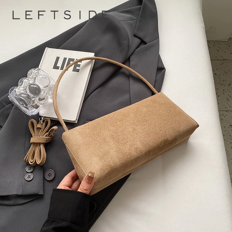 LEFTSIDE-Bolso de mano de ante de lujo para mujer, bolso de hombro Beige con asa superior, bandolera de oficina elegante de Color sólido, bolso diario