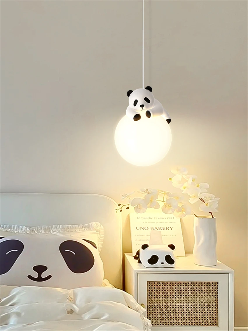 

Modern Round Ball Cartoon Resin Panda Long Line Pendant Lamp Bedroom Bedside Hanging Lamp Dining Room Bar Counter Pendant Light