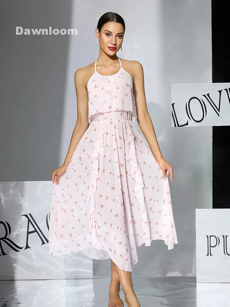 Light Pink Floral Halter Neck Ruffled Midi Nightgown for Women Open-Back French Romantic Style Gentle Home Loungewear