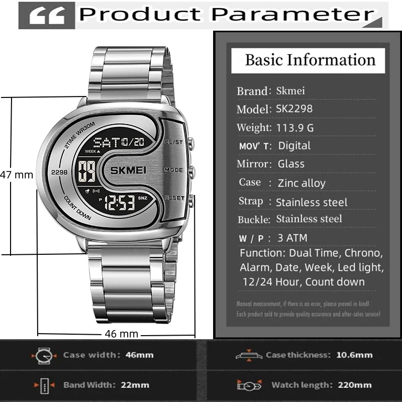 Skmei Mens Digital Waterproof Watches Luxury Stainless Steel Band Led Chronograph Alarm Clock Fashion Stopwatch Sports Dual Time