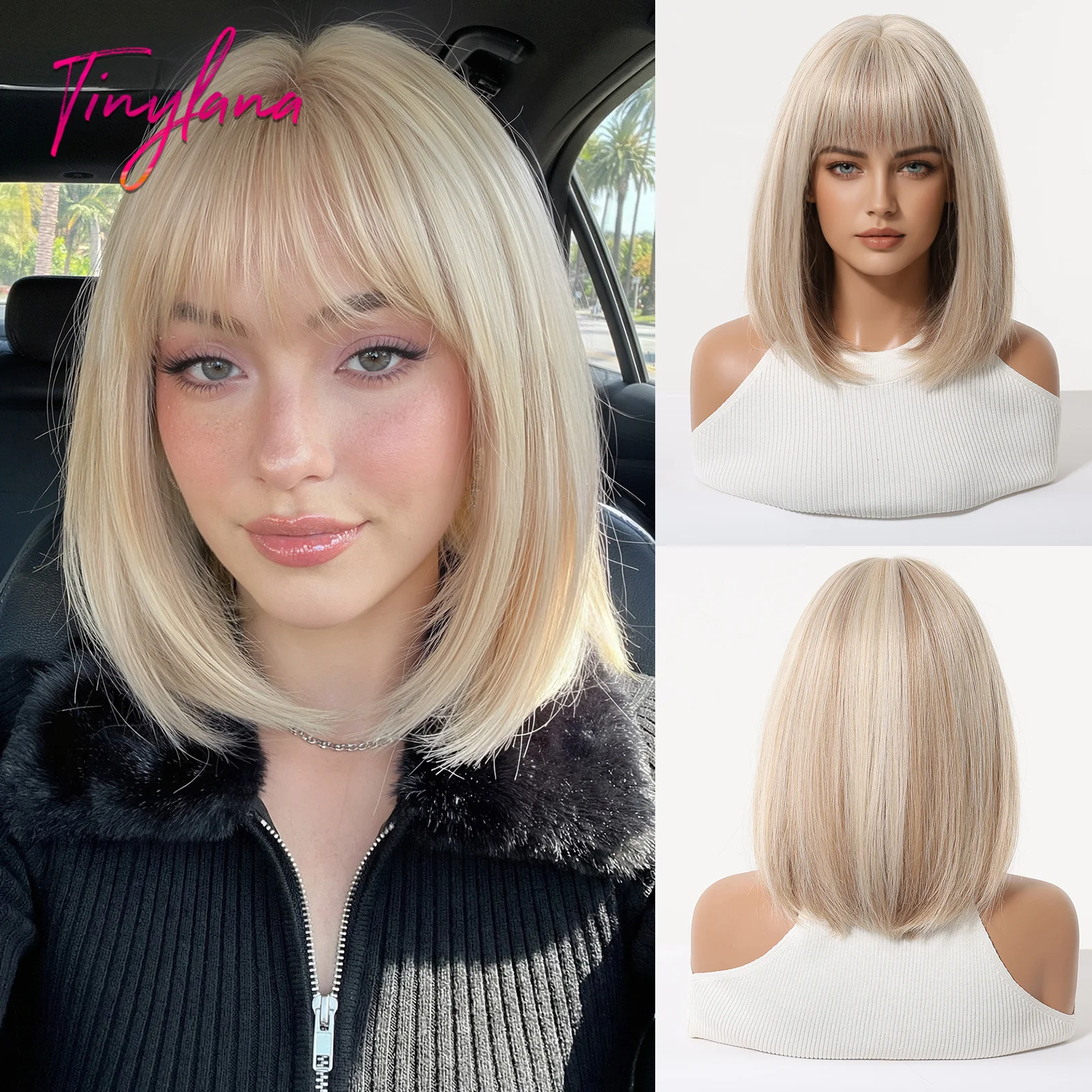 

Platinum Blonde Synthetic Wigs with Bangs Short Straight Natural Looking Cosplay Lolita Daily Hair Wig for Women Heat Resistant
