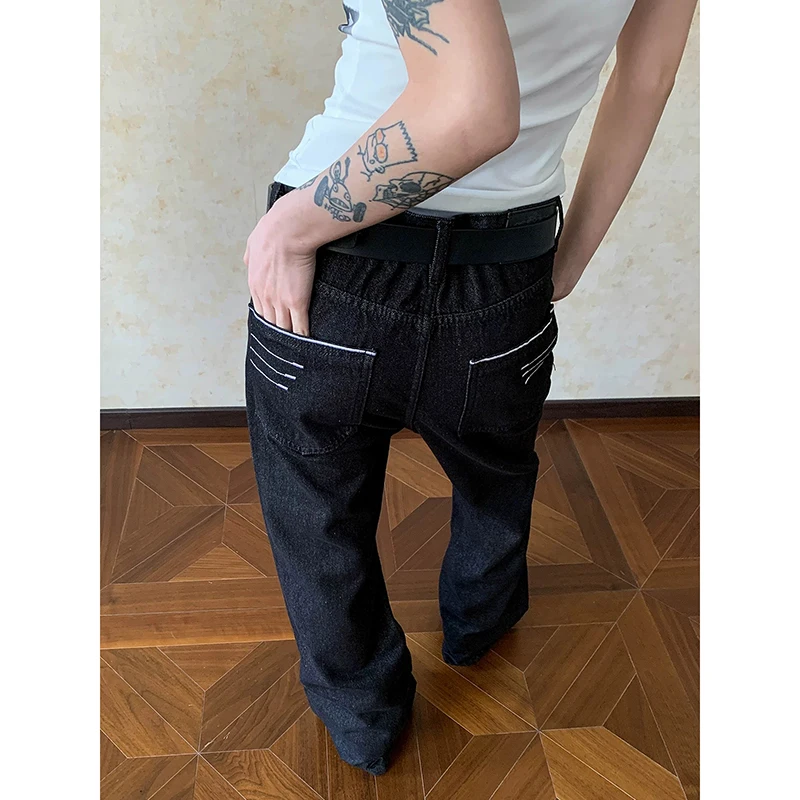 YIBASHU Women American Retro Low Rise Flare Jeans Denim Pants Black Long Trousers Japanese Goblin Core Y2k Cowboy High Street