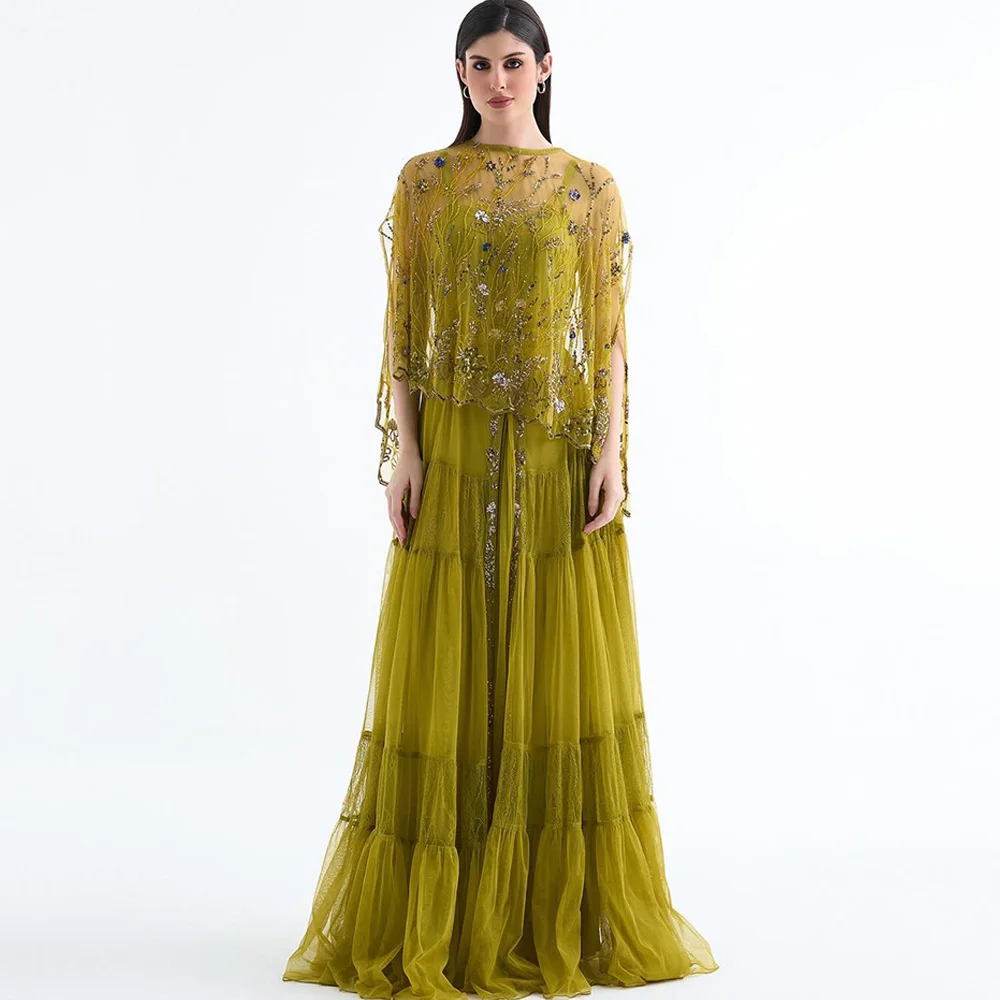 Luxury Sequined Celebrity Gowns with Shawl Elegant Customized A-Line Tulle Evening Dress Modern Spaghetti Straps Robe de soirée