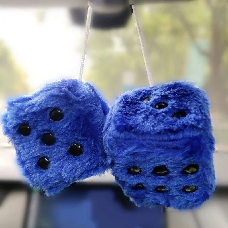 Auto Rearview Mirror Decor-Fuzzy Plush Dice 1 Pair 6cm Square Dice Pendant with Dot for Car Interior Decoration Ornament 40GF