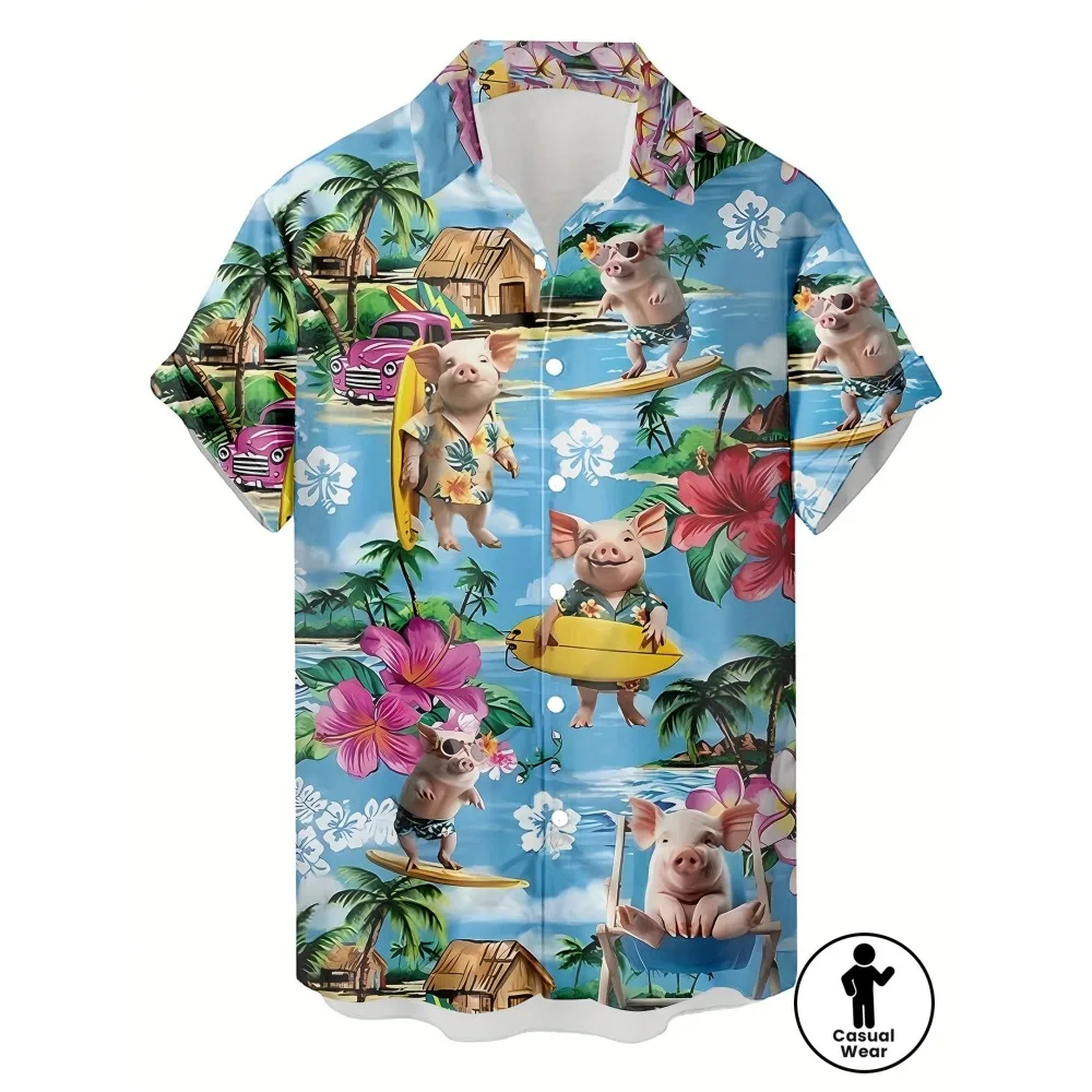 

US Korean Hot Aloha Hawaiian Shirt Surf Pig Tropical Island Palm Print Oversized Short Sleeve Beach Vacation Unisex Blouse