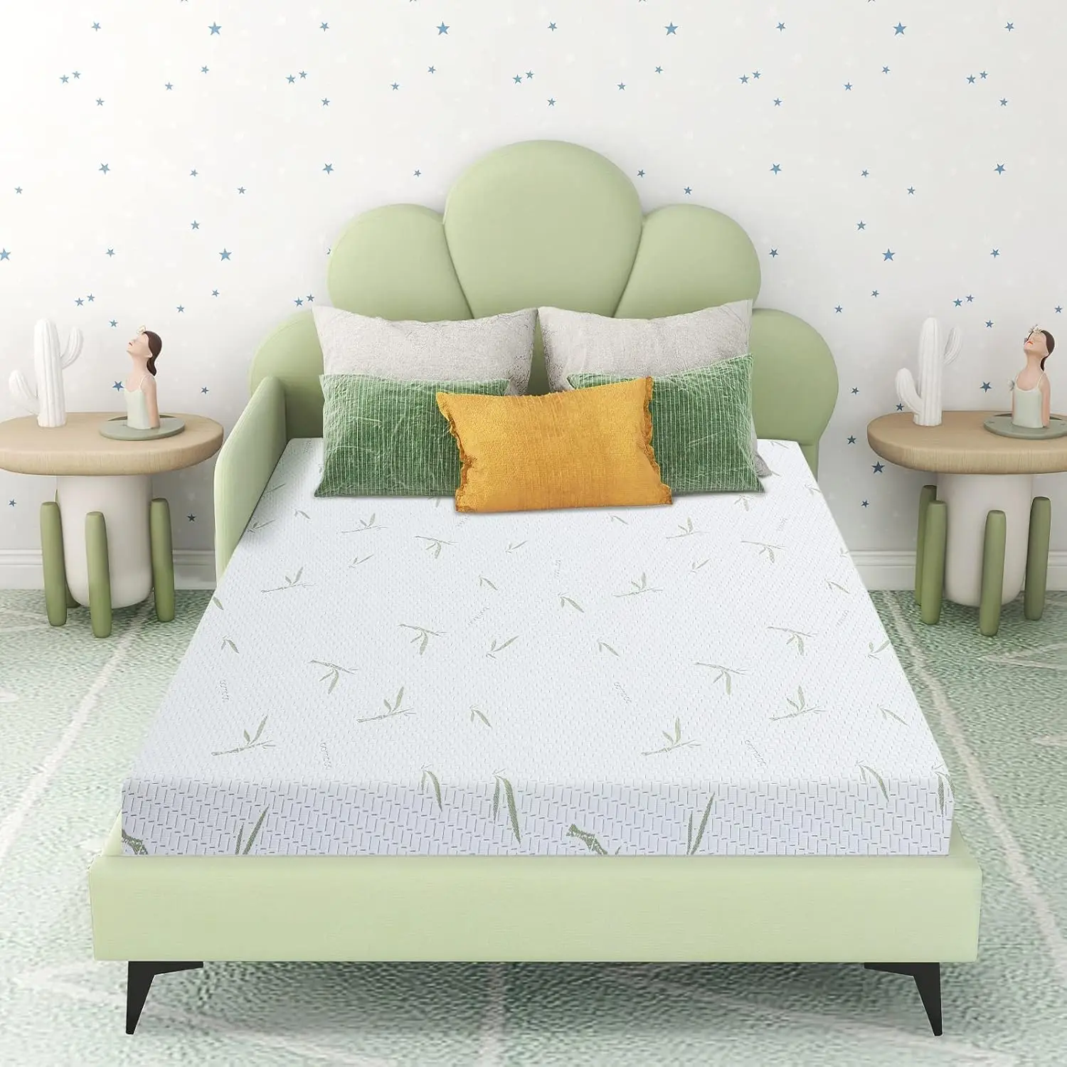 Full Mattress, 6 Inch Memory Foam Mattress in a Box for Kids with Breathable Bamboo Cover, Medium Firm Green, Trundle Be