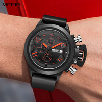 MEGIR Black Silicone Quartz Watch Luxury Sport Military Wristwatch Men Waterproof Clock Chronograph Large Dial Montre Homme 2002