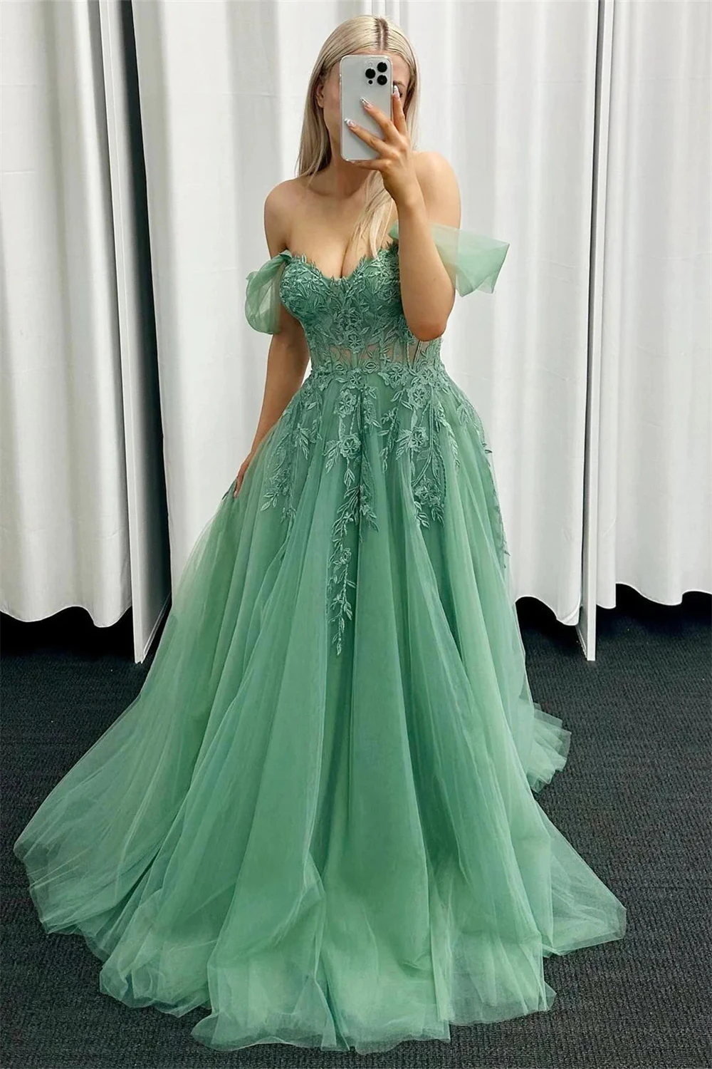 

Sexy Floral Sage Green Prom Formal Dress Charming Off the Shoulder Embroidery Strapless A-Line Party Gown Customized