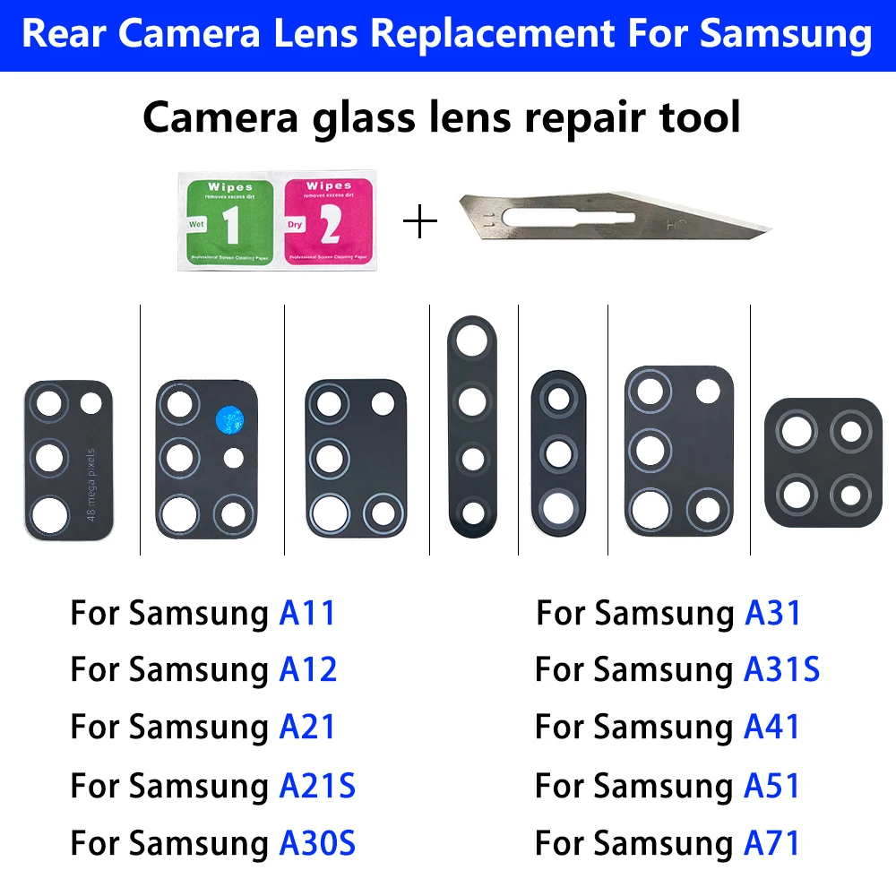 Back Rear Camera Glass Lens For Samsung A71 A51 A51S A41 A31S A31 A30S A21S A21 A12 A11 Camera Glass Lens + Adhesive Repair Tool