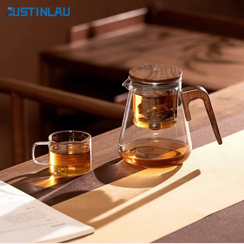 JUSTINLAU Magnetic Switch Tea Pot 500/800ml Kung Fu Tea Kettle with Tea Water Separator＆Wood Handle Heat-Resistant Glass Tea Pot