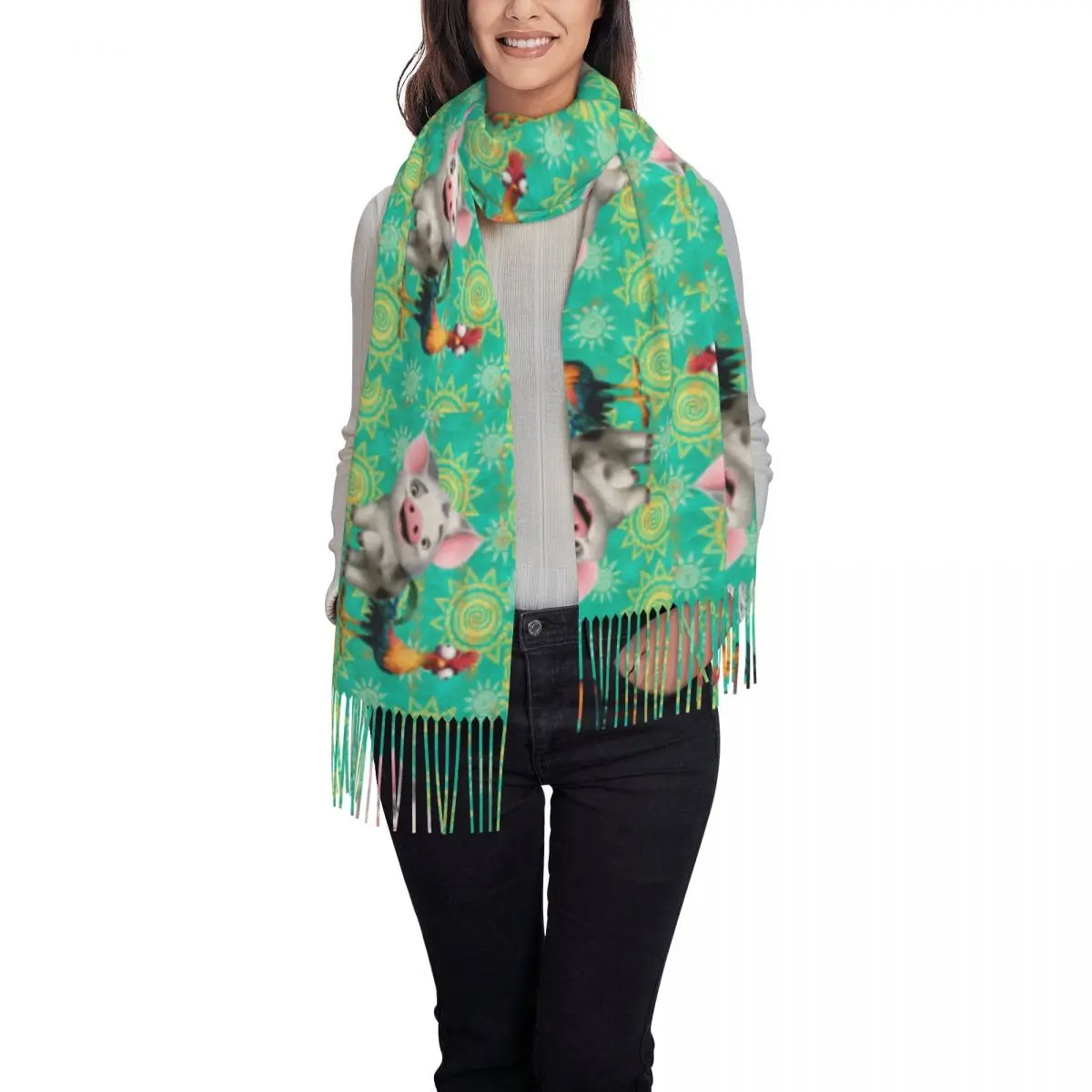 Custom Moana First Mate & Top Rooster Tassel Scarf Women Soft Shawls Wraps Female Winter Scarves