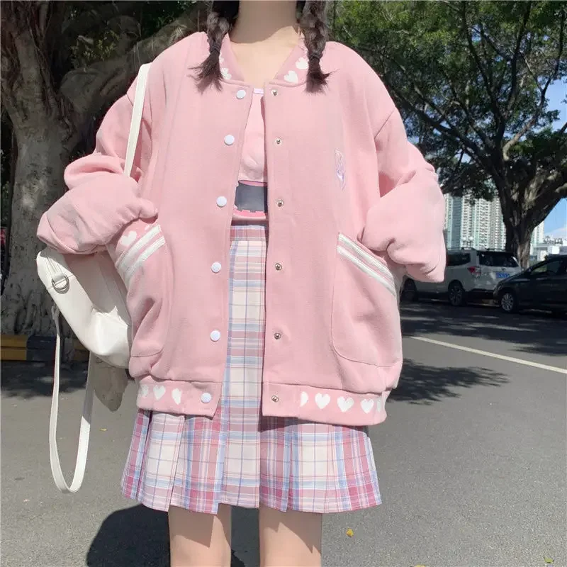 Sweet Love Printed Baseball Jacket Women Autumn Winter New Style Plus Velvet Padded Pink Cardigan Jacket Button Up Female