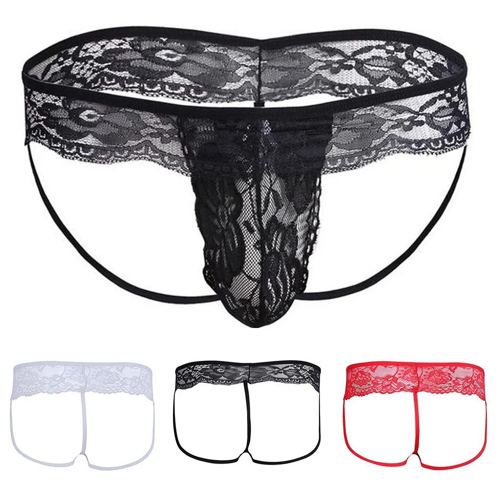 Heren kanten doorzichtige slipje Sissy Pouch G-string Thong Slips Ondergoed Slipje Onderbroek Plus Size