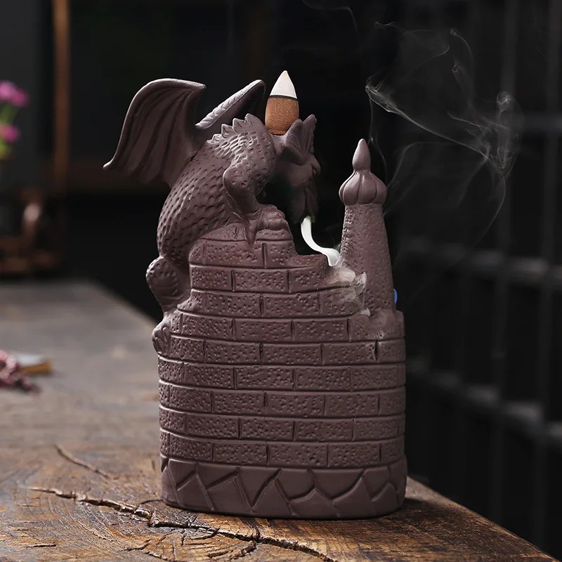 Purple Sand Dragon Inverted Incense Burner Creative Ceramic Castle Winged Dragon Inverted Smoke Incense Burner Ornaments Crafts