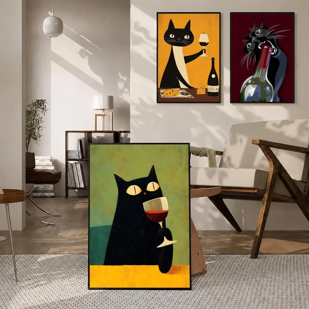 Pattern Black Cat Wine Bottle Chess Poster High-definition poster stickers, suitable for bedroom, living room, home decoration