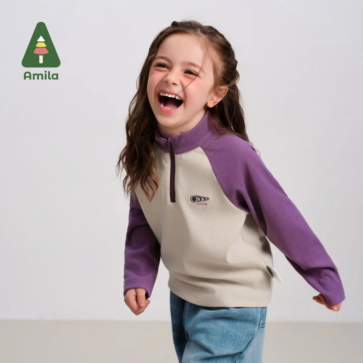 Amila Baby T-Shirt 2024 Winter New High Quality Contrast Color Half Turtleneck Vitality Casual Loose Warm Basic Children‘s Top