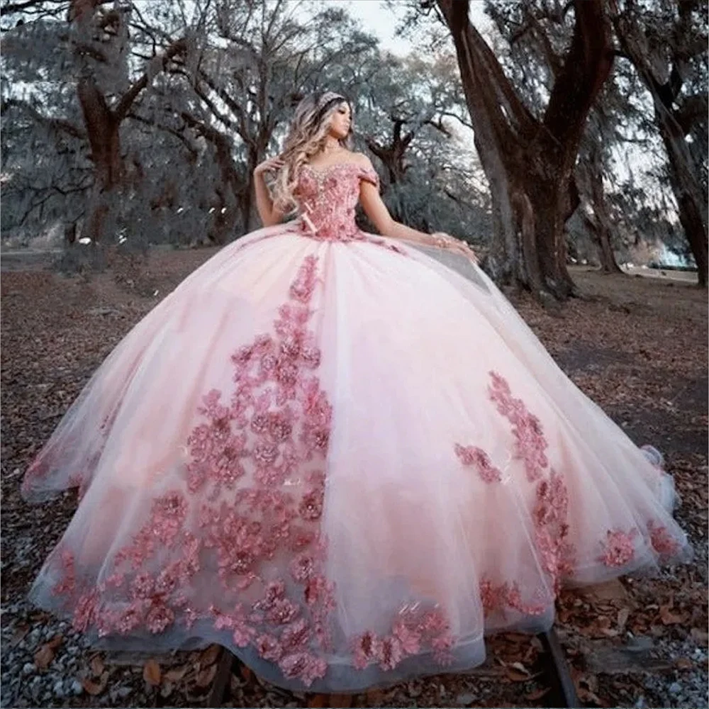 

Розовые платья Quinceanera с 3D цветочной кружевной аппликацией, корсет из бисера с открытыми плечами, индивидуальный заказ, милая 16, принцесса на день рождения