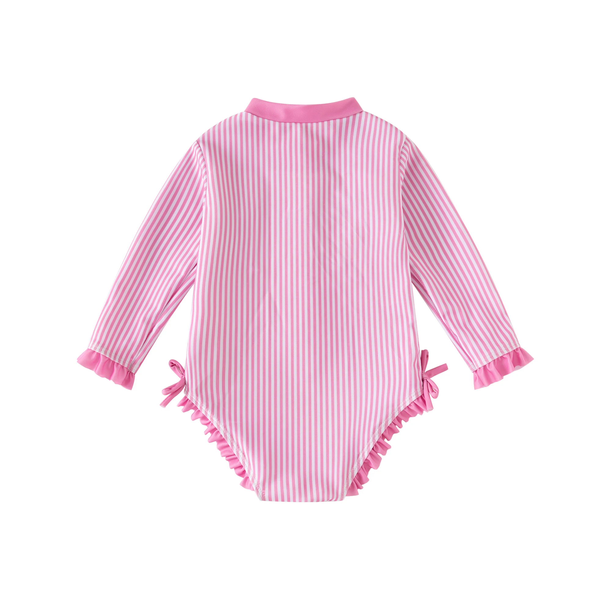 Girls' Long-Sleeved Striped One-Piece Swimsuit, Cute Ruffled Sun-Protective Swimsuit, Summer Princess-Style Zipper Swimsuit