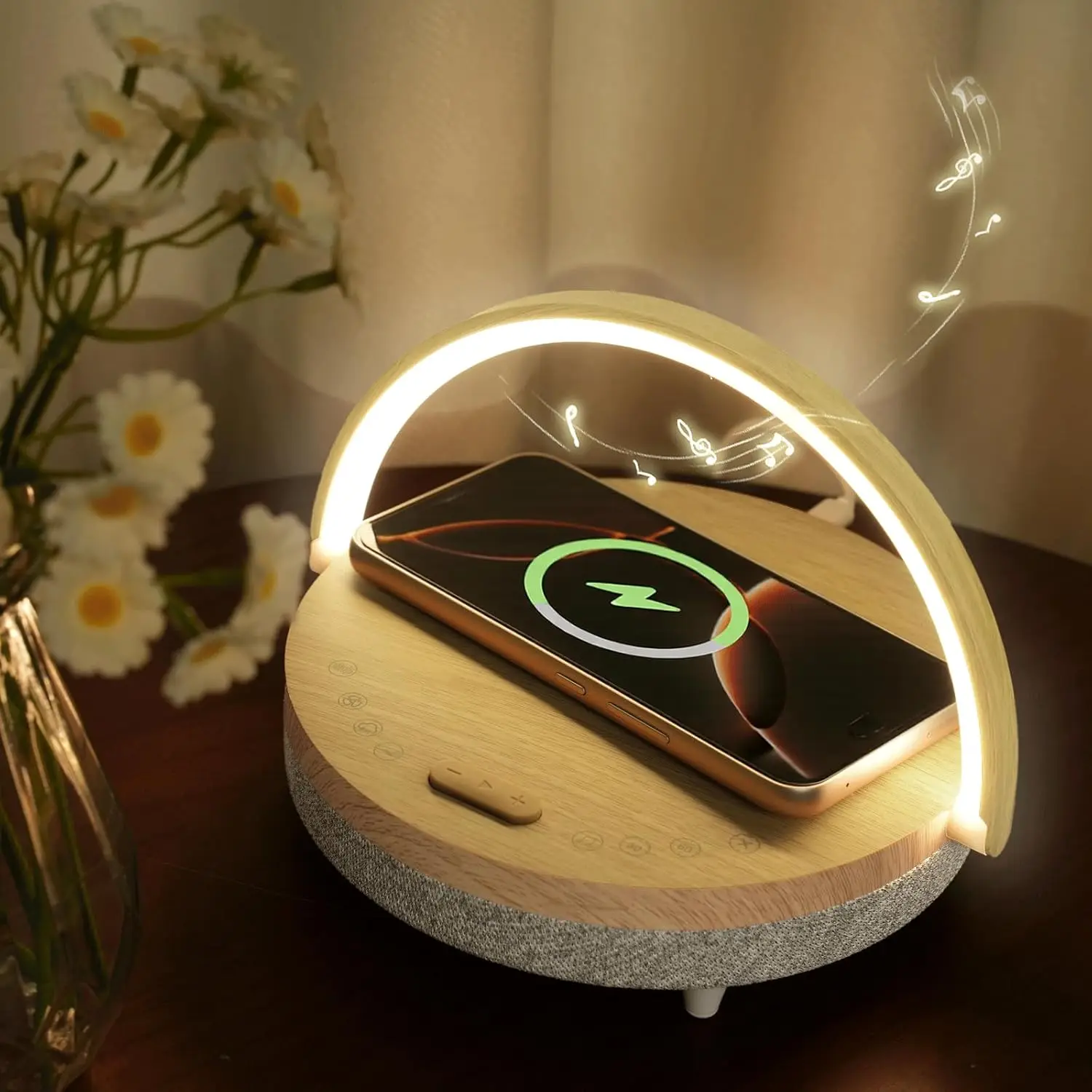 

Беспроводная зарядка, светодиодный ночник с Bluetooth-колонкой, генератором белого шума и регулируемым держателем для телефона для прикроватной тумбочки