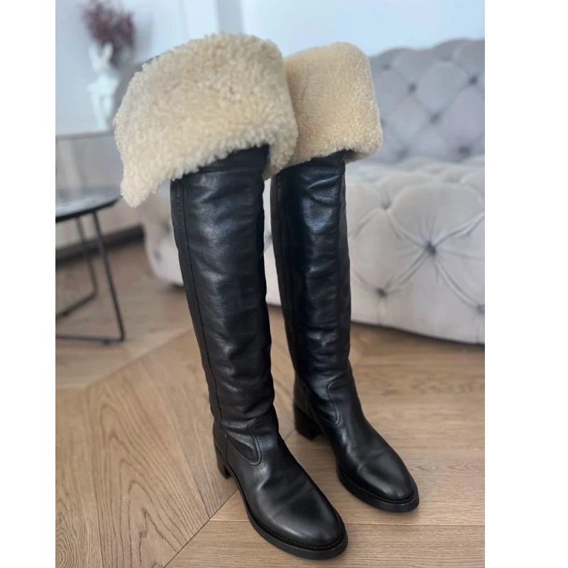 

Складные сапоги выше колена из овечьей шерсти, женские зимние ботинки 2026, зимние сапоги без шнуровки на меховом блочном каблуке, очень теплая модная женская обувь
